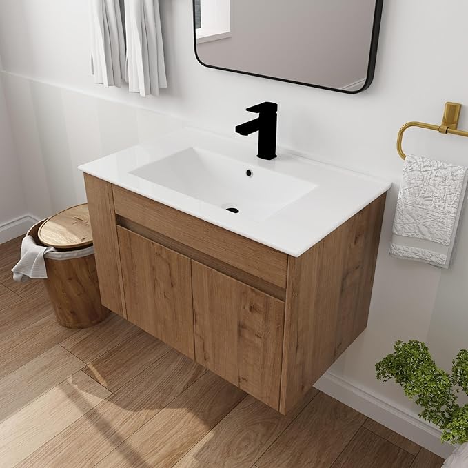 Henf 30inch Brown Modern Wall Mounting Bathroom Vanity With Sink, 2 Soft Close Doors & Open Storage Shelf, Wood Bathroom Sink Vanity with Sink Combo Set