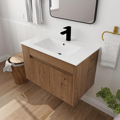 Henf 30inch Brown Modern Wall Mounting Bathroom Vanity With Sink, 2 Soft Close Doors & Open Storage Shelf, Wood Bathroom Sink Vanity with Sink Combo Set