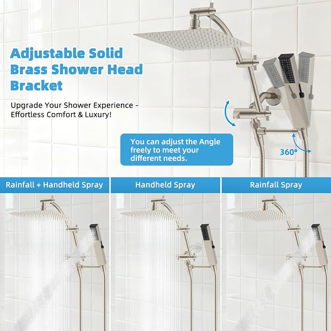 Hibbent All Metal CUPC Certified 8'' Rainfall Shower Head, Dual Shower Head Combo, High Pressure Handheld 4 Sprays Shower Wand, 16'' Adjustable Extension Arm, 71'' Hose, Shower Holder, Brushed Nickel