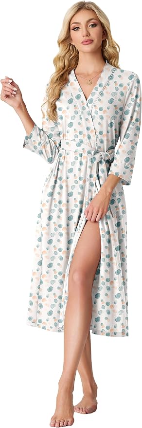 PrinStory Robes for Women 3/4 Sleeve Long Bath Robe XS-4XL | V-Neck Knit Bathrobe with Pockets, Lightweight, Soft, Breathable Robes for Shower, Spa, Travel, Home, Party, Nursing