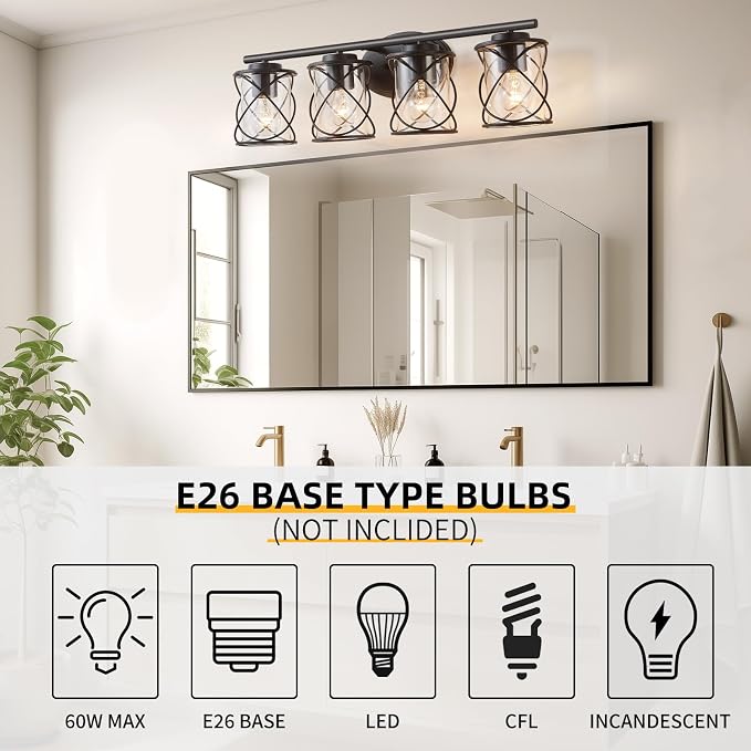Bathroom Vanity Light Fixtures Over Mirror, 4 Lights Bathroom Vanity Lights, Matte Black Vanity Light, Modern Bathroom Lights with Cage Shade, Bathroom Wall Lamp for Mirror Kitchen Bedroom