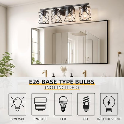 4-Lights Bathroom Vanity Lights, Bathroom Light Fixtures Over Mirror, Matte Black Vanity Light, Farmhouse Wall Lights with Clear Glass Shade, Bathroom Wall Lamp for Mirror Kitchen Bedroom