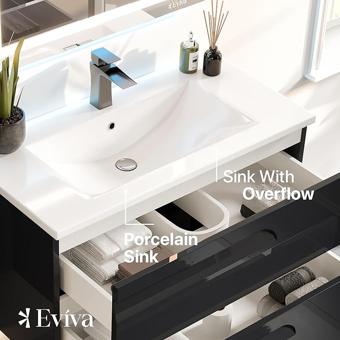 Eviva Joy 40 in. Black Wall MountSingle Sink Bath Vanity with Porcelain Top and Integrated Sink