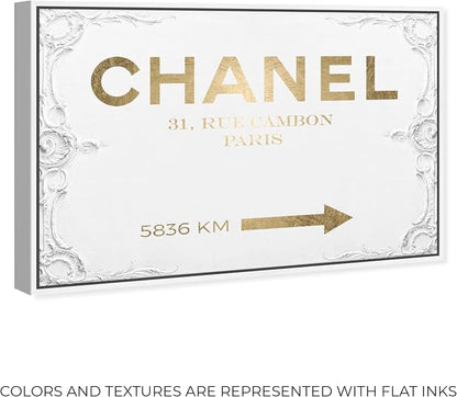 The Oliver Gal Artist Co. Typography and Quotes Contemporary Canvas Art - Couture Road Sign Rococo Gold, Wall Art for Living Room, Bedroom, and Bathroom, 45 in x 30, White and Gold Home Decor
