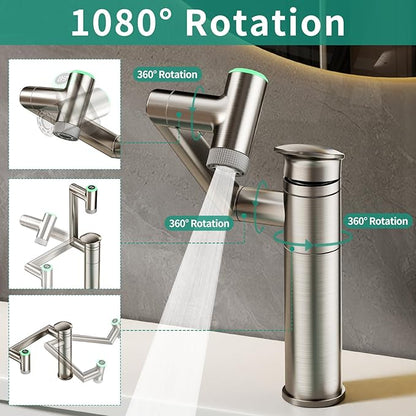 Modern Bathroom Faucet 1 Hole with Temperature Display(Batteries-Free), 1080° Rotatable Single Hole Bathroom Faucet, Single Handle Bathroom Vanity Faucets, 2 Spray Modes (Brushed Nickel)