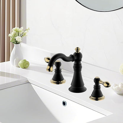 Two Handle Bathroom Sink Faucet 3 Hole 8 Inch Widespread with Pop up Drain,High Arc Lavatory Faucet,Matte Black with Polished Brass Trim Finished,F-8805-MG
