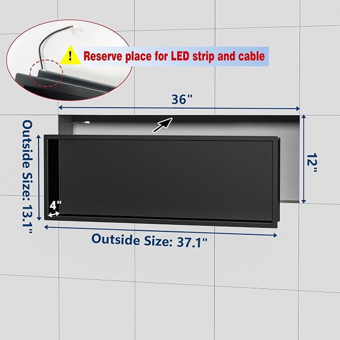 RGB Shower Niche LED Lights Waterproof, Matte Black Recessed Wall Niche-36X12 in Stainless Steel Niches for Shower, Tile-Ready for Bathroom Storage Shower Niche