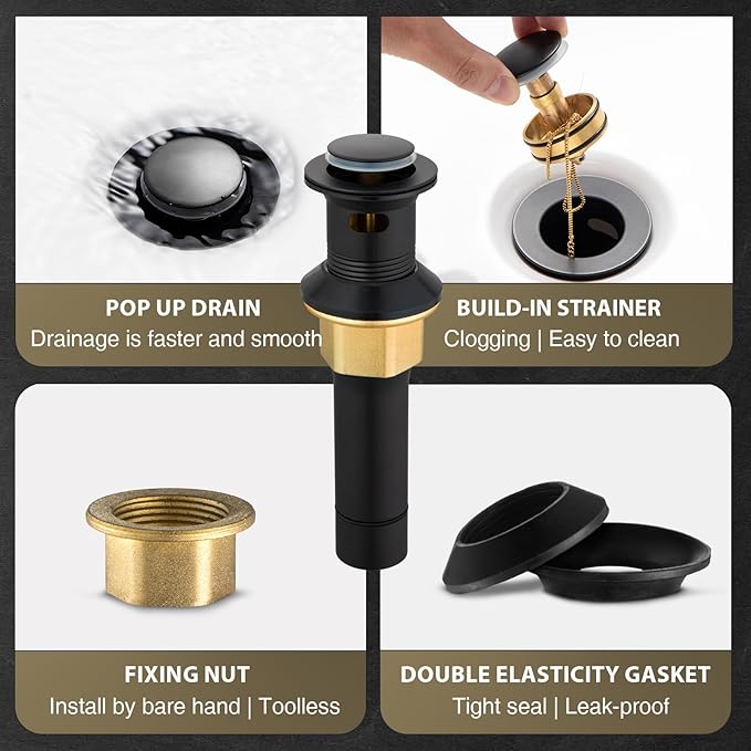 Bathroom Sink Faucet, Black and Gold Color, Waterfall Style, SUS304 Stainless Made, Single-Handle, Deck-Mount Suitable for 1-3-Hole, Drain and Supply Hoses Included