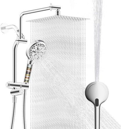 Metal 12" Rain Showerhead with 10-Spray Handheld, Easy Reach 4-way Diverter | NSF/ANSI/CAN 372 Certified, Chrome, High Pressure Shower Head with Pause Mode, 71" Stainless Steel Hose/12" Extension Arm