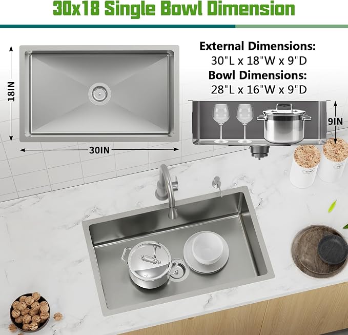 Kitchen Sink, 30x18 Inch Stainless Steel Undermount Modern Single Bowl Drop In Kitchen Sink Combo-Silicon Mat,Drain Strainer Set Offering Large Basin And Compatibility With Various Kitchen&Bar Style