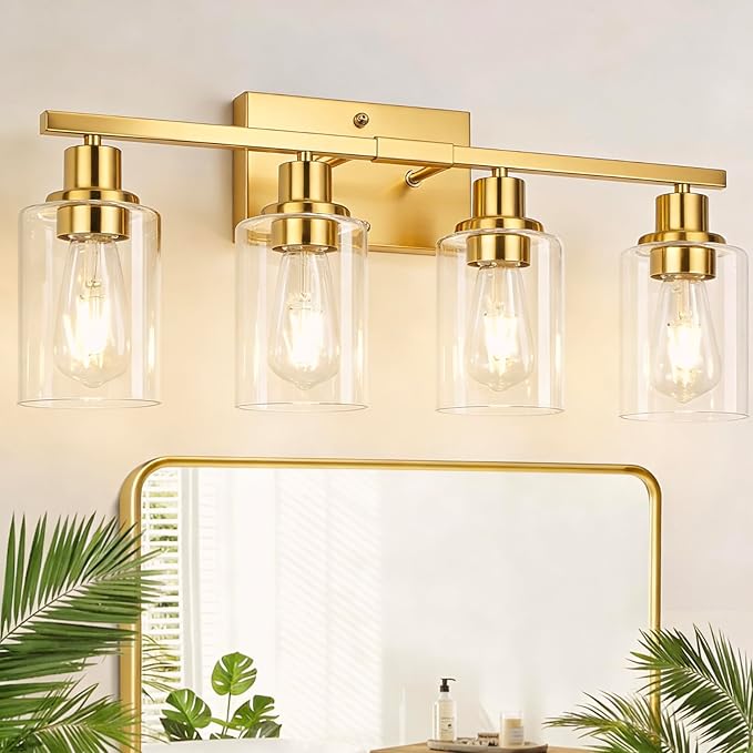 4-Light Bathroom Light Fixtures, Vanity Light with Clear Glass Shades, Brushed Gold Bathroom Light Fixtures Over Mirror, Modern Bathroom Wall Lamp for Mirror Living Room Cabinet Bedroom