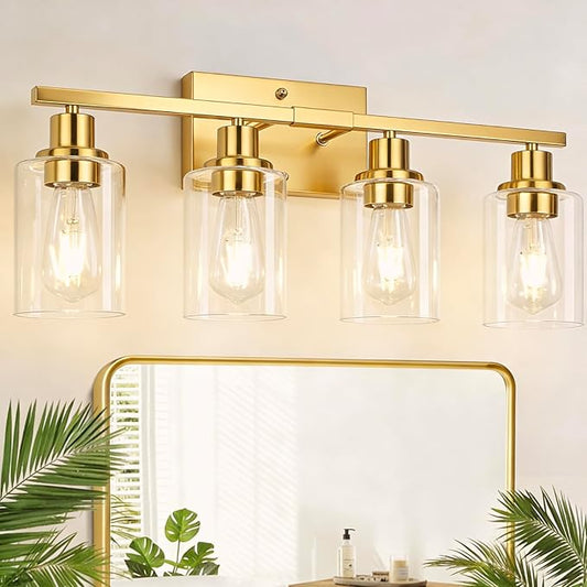 4-Light Bathroom Light Fixtures, Vanity Light with Clear Glass Shades, Brushed Gold Bathroom Light Fixtures Over Mirror, Modern Bathroom Wall Lamp for Mirror Living Room Cabinet Bedroom