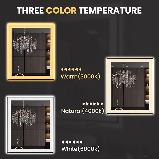 LOAAO 30"X36" LED Bathroom Mirror Black Framed | Anti-Fog, Dimmable, Memory Function, Tempered Glass, Lighted Vanity Mirror for Wall