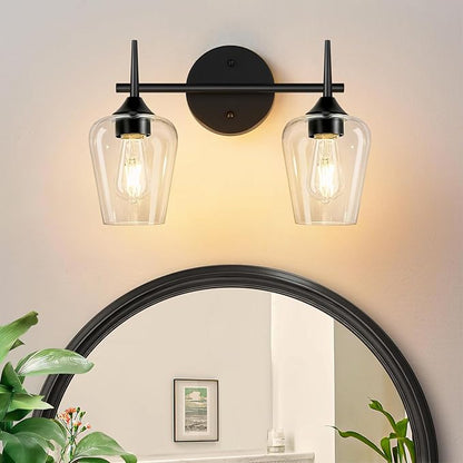 2-Light Bathroom Light Fixtures, Black Vanity Lights for Bathroom with Clear Glass, Bathroom Lighting Fixtures Over Mirror, Modern Wall lamp for Cabinet Hallway