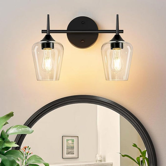 2-Light Bathroom Light Fixtures, Black Vanity Lights for Bathroom with Clear Glass, Bathroom Lighting Fixtures Over Mirror, Modern Wall lamp for Cabinet Hallway