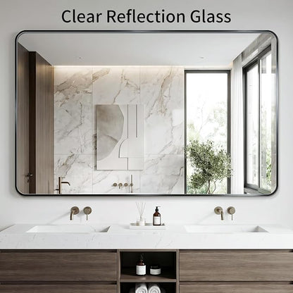 Koonmi Bathroom Mirror, 30X50 Brushed Black Rectangle Wall Mirror, HD Tempered Glass, Anti-Rust Frame Vanity Mirror, Rounded Rectangle Mirror for Restroom, Bedroom, Hangs Horizontal or Vertical
