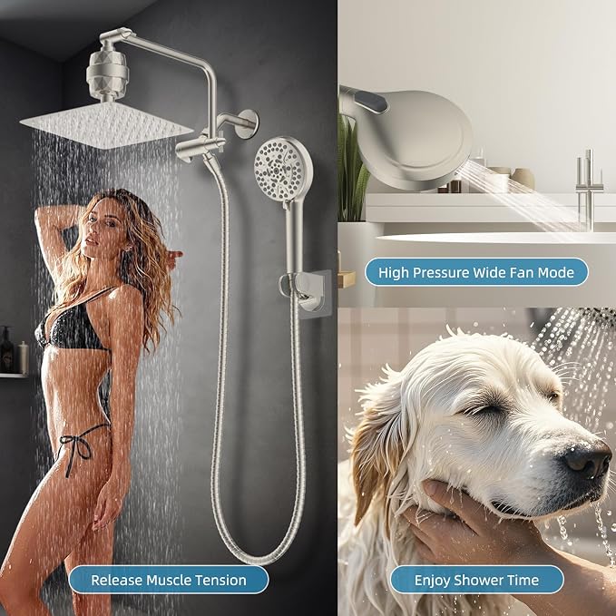 10" Metal Filtered Shower Head with 10-Mode Handheld, Brushed Nickel | NSF/ANSI/CAN 372 Certified, High Pressure Showerhead Combo, 20 Stage Shower Filter, 11" Shower Arm, 71" Hose, Shower Holder