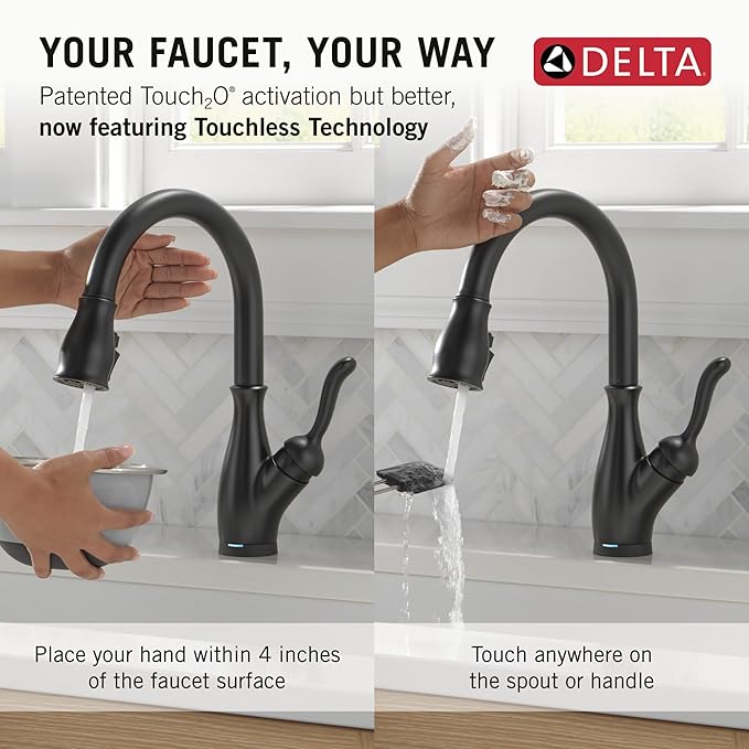 Delta Faucet Leland Touch Kitchen Faucet with Touchless Technology, Kitchen Faucet with Pull Down Sprayer, Black Kitchen Sink Faucet, Touchless Kitchen Faucet, Matte Black 9178TL-BL-DST