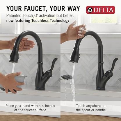 Delta Faucet Leland Touch Kitchen Faucet with Touchless Technology, Kitchen Faucet with Pull Down Sprayer, Black Kitchen Sink Faucet, Touchless Kitchen Faucet, Matte Black 9178TL-BL-DST