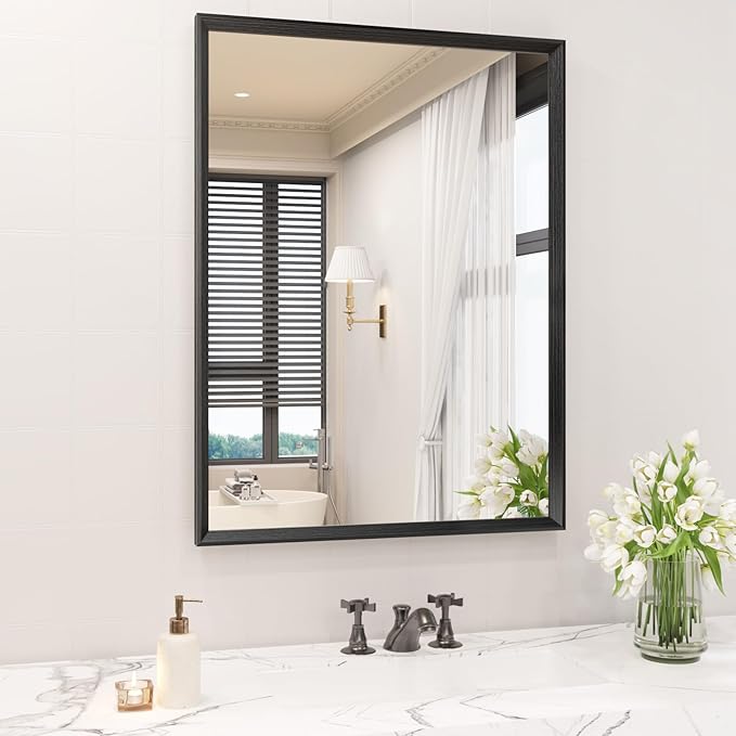 22x30 Inch Bathroom Mirror, Matte Black Framed Rectangle, 4MM Tempered Glass, Anti-Rust, Wall-Mounted Vanity Mirror for Bathroom & Bedroom - Hangs Horizontally or Vertically