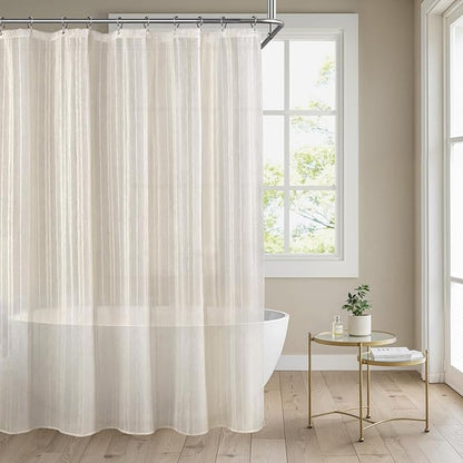 Linen Shower Curtain Cream, Sheer Fabric Boho Farmhouse Shower Curtains for Bathroom Cotton Natural Cloth Liner Set 72" W x 72" L
