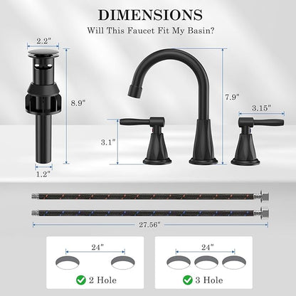 Bathroom Faucets with Filter, Widespread Black Bathroom Sink Faucet for 3 Holes with Pop-up Drain Assembly, Two Handle Vanity Faucet (Contemporary)