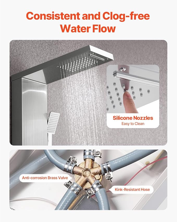 VEVOR Shower Panel Tower System with Rainfall Waterfall Shower Head, 53 in Brushed Stainless Steel Shower Column, 5-Function Faucet, Wall-Mount Rain Massage System with 3 Body Jet, Handheld, Tub Spout