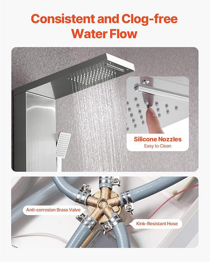 VEVOR Shower Panel Tower System with Rainfall Waterfall Shower Head, 53 in Brushed Stainless Steel Shower Column, 5-Function Faucet, Wall-Mount Rain Massage System with 3 Body Jet, Handheld, Tub Spout