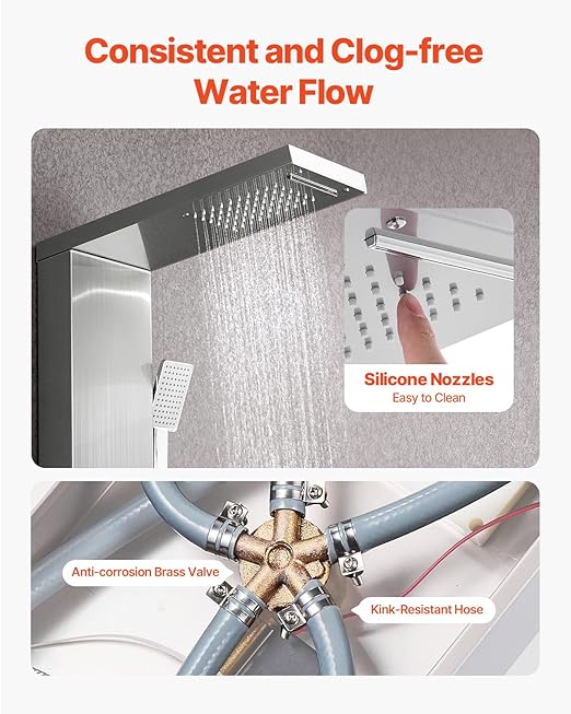 VEVOR Shower Panel Tower System with Rainfall Waterfall Shower Head, 53 in Brushed Stainless Steel Shower Column, 5-Function Faucet, Wall-Mount Rain Massage System with 3 Body Jet, Handheld, Tub Spout