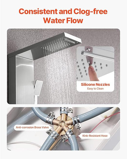VEVOR Shower Panel Tower System with Rainfall Waterfall Shower Head, 53 in Brushed Stainless Steel Shower Column, 5-Function Faucet, Wall-Mount Rain Massage System with 3 Body Jet, Handheld, Tub Spout