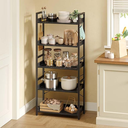 Rolanstar Bookshelf 5 Tier with 4 Hooks, Industrial Wood Bookcase, Vintage Storage Rack with Open Shelves, Rustic Standing Bookshelves Wood Frame Display Rack for Living Room, Bedroom, Black