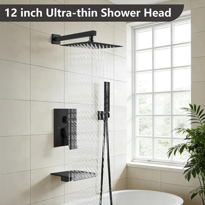 Midanya Shower System with Tub Spout,12 Inch Shower Head,Matte Black | with Valve & Trim Kit,Square Rain Head,Handheld Sprayer,Waterfall Spout,All Metal Wall Mount Bathroom Shower Tub Faucet Set