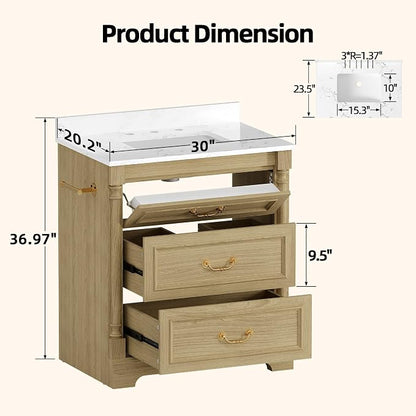 YESHOMY 30" Bathroom Vanity with Sink, Marble-Look Countertop, Natural Wood | Freestanding Storage Cabinet with Ceramic Basin, Tilt-Out Drawer and Additional Drawers for Bathroom