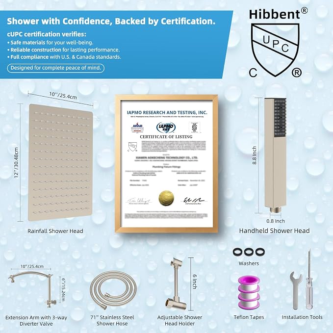 Hibbent All Metal CUPC Certified 12'' Rainfall Shower Head, Dual Shower Head Combo, High Pressure Handheld 4 Sprays Shower Wand, 16'' Adjustable Extension Arm, 71'' Hose, Shower Holder, Brushed Nickel