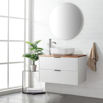 32 inch Bathroom Vanity with Sink and Solid Wood Countertop, Wall Mounted Bathroom Vanity Cabinet with 2 Drawers, Modern Floating Bathoom Vanity Set Include Square Ceramic Basin Sink & Round Mirror