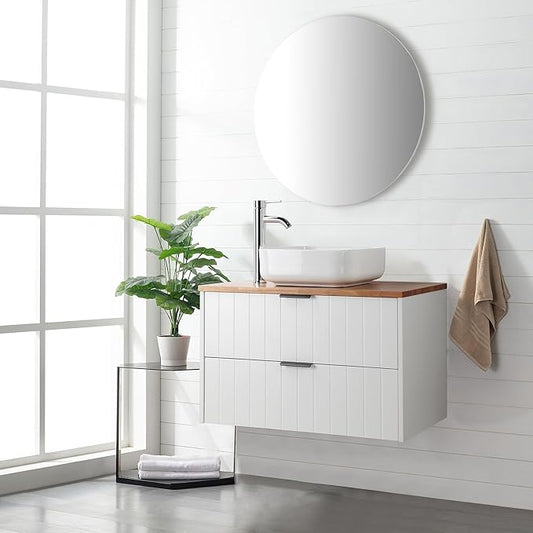 32 inch Bathroom Vanity with Sink and Solid Wood Countertop, Wall Mounted Bathroom Vanity Cabinet with 2 Drawers, Modern Floating Bathoom Vanity Set Include Square Ceramic Basin Sink & Round Mirror