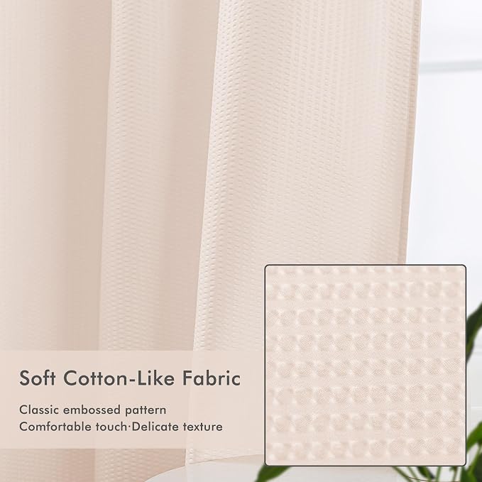 No Hook Shower Curtain with Snap-in Liner, Embossed Waffle Design Fabric Shower Curtain for Bathroom, Soft & Lightweight, 71x74, Pink