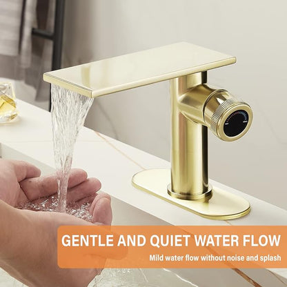 becola Modern Brushed Gold Bathroom Faucet，Waterfall Faucet for Bathroom Sink，Single Hole Cold and Hot Basin Mixer Tap，Single Handle Vanity Faucet with Adjust Knobs and Deck Plate