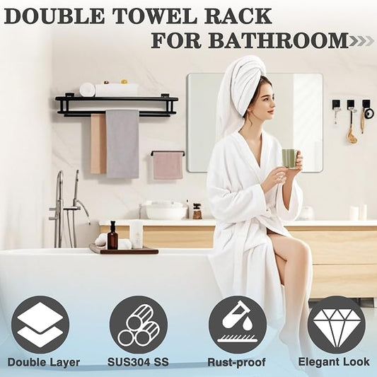 Alise Double Towel Rack for Bathroom Wall Mounted 24 Inch,Matte Black | Bathroom Tower Holder Towel Shelf with Double Towel Bars,SUS304 Stainless Steel Towel Rack with Shelf for Lavatory Kitchen