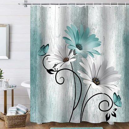 Onalasyc 4PCS Teal Daisy Floral Bathroom Sets with Shower Curtain and Rugs | Country Floral Butterfly Shower Curtain Set,Modern Bathroom Decor Shower Curtains Set with Rugs Toilet Lid Cover and 12 Hooks