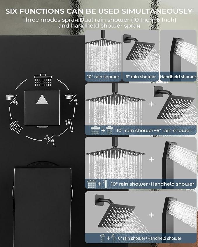 Rain Shower Faucet Set, 10" Top + 6" Side Head, Matte Black | 3-head set w/ valve, SUS304 anti-freeze, 6 spray modes, self-clean nozzles