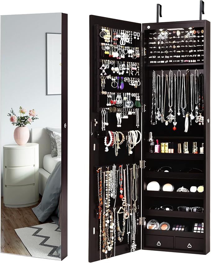 LDAILY Jewelry Armoire Wall or Door Mounted, Full-Length Mirror with Storage, Lockable Mirror Jewelry Cabinet w/ 2 Drawers, LED Lights, Over the Door Jewelry Organizer Box for Women Girls