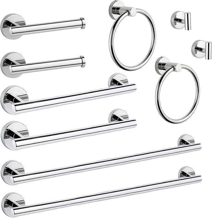 10 Piece Brushed Chrome Bathroom Hardware Set, Towel bar Set for Bathroom | 24 inch Silver Towel bar, Bathroom Towel Rack, Towel Ring, Toilet Paper Holder, Towel Hook, Bathroom Accessories Set