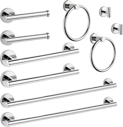 10 Piece Brushed Chrome Bathroom Hardware Set, Towel bar Set for Bathroom | 24 inch Silver Towel bar, Bathroom Towel Rack, Towel Ring, Toilet Paper Holder, Towel Hook, Bathroom Accessories Set
