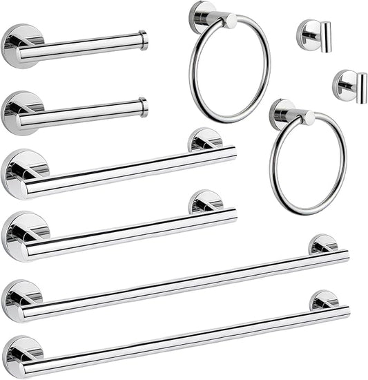 10 Piece Brushed Chrome Bathroom Hardware Set, Towel bar Set for Bathroom | 24 inch Silver Towel bar, Bathroom Towel Rack, Towel Ring, Toilet Paper Holder, Towel Hook, Bathroom Accessories Set