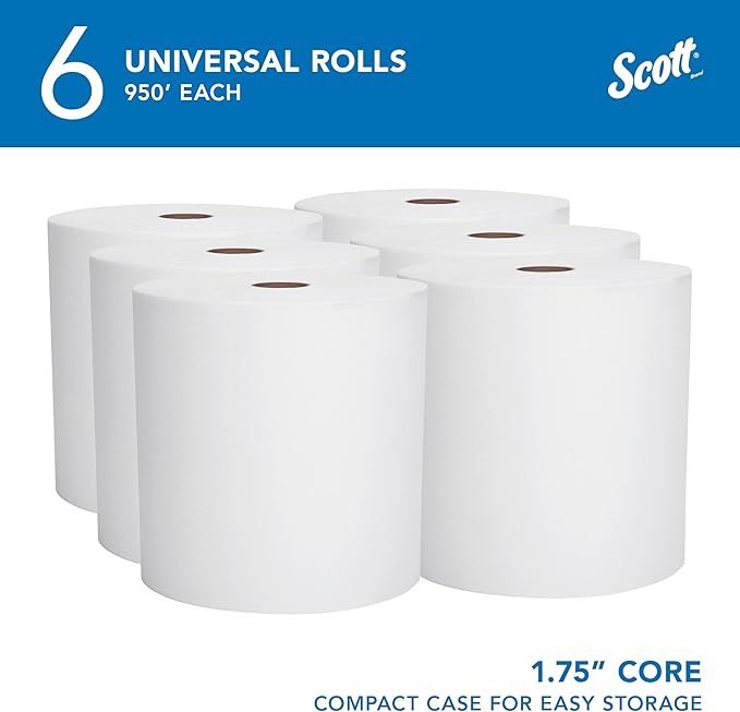 Scott Professional Essential Universal High-Capacity Hard Roll Paper Towels, Bulk (02000), Hardwound 1.75" Core, White, Compact for Easy Storage (6 Rolls at 950' Each, 5,700'/Case)
