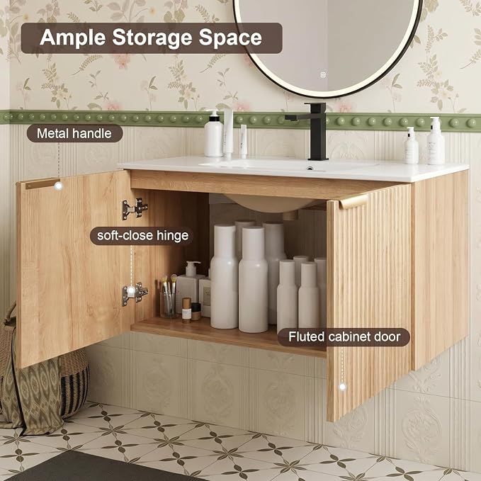 84 Inch Floating Bathroom Vanity with Double Sink, Bathroom Double Sink Cabinet with Soft Close Door Waterproof Storage, Wood Color