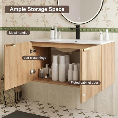 84 Inch Floating Bathroom Vanity with Double Sink, Bathroom Double Sink Cabinet with Soft Close Door Waterproof Storage, Wood Color