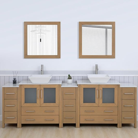 Vanity Art 96 Inch Vessel Double Sink Bathroom Vanity Cabinet with 2 Mirrors, Engineered Marble Top Bathroom Cabinet Compact Set with 13 Dovetail Drawers and Soft Closing Doors, VA3130-96NO