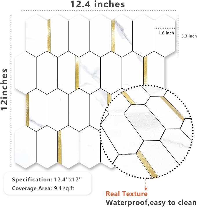 Vamos Tile Long Hexagon Peel and Stick Backsplash Tile - 10 Sheets Stick on Backsplash for Kitchen and Bathroom 12.4 x 12 Inch White Marble Look PVC Mixed Metal Gold Self Adhesive Mosaic Wall Tiles